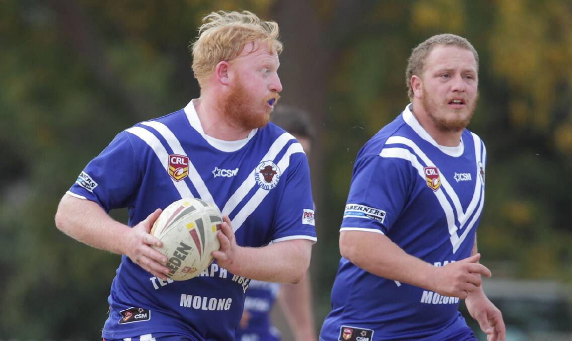 ON THE CHARGE: Molong Bulls skipper Jim Gavin leads the way for the blue and whites in a big win over Condo. Photo: RS WILLIAMS