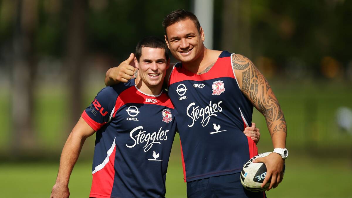 Daniel Mortimer and former Roosters teammate Jared Waerea-Hargreaves. Photo: SYDNEY ROOSTERS