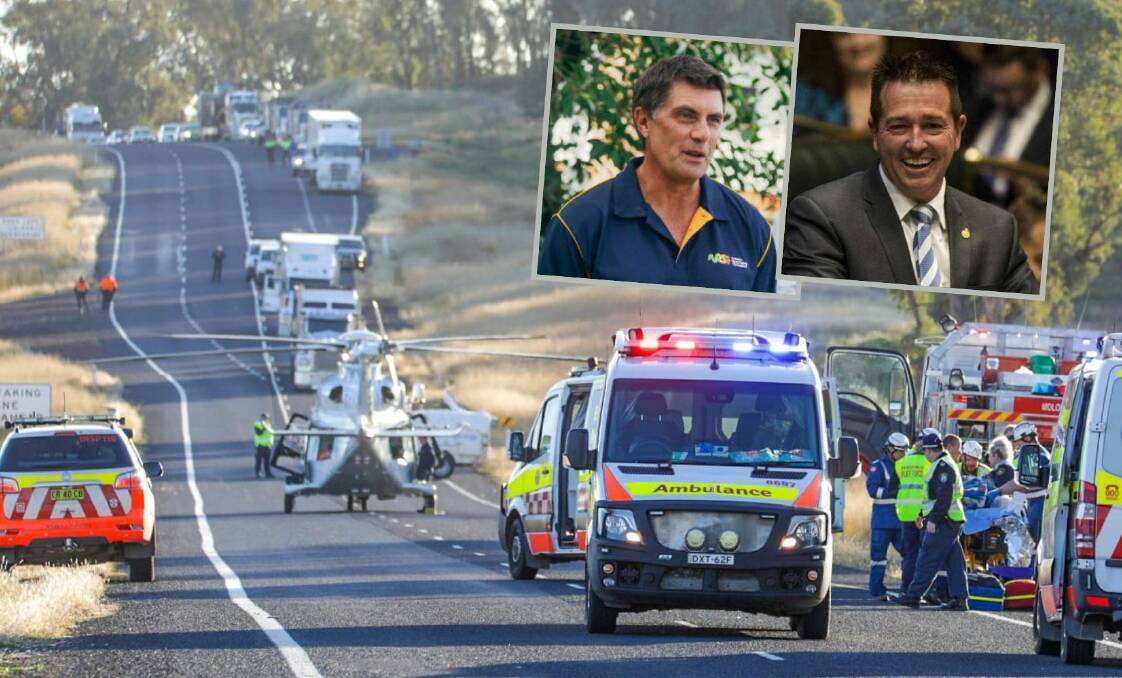 ISSUE: Insets, ARSF CEO Russell White and minister for regional roads Paul Toole and an accident on the Mitchell Highway. Photo: TNV/TROY PEARSON