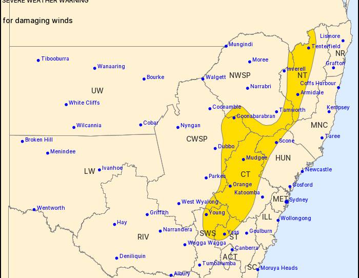 The impacted area for the latest BOM weather warning is in yellow. Photo: BUREAU OF METEOROLOGY 