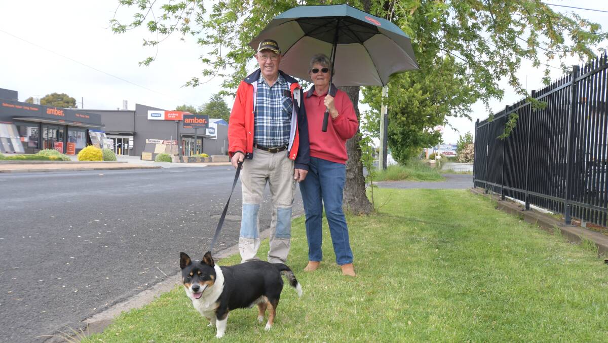 READY AND WAITING: Colin and Marion Munday with Banjo on their morning walk on Sunday. Photo: CARLA FREEDMAN