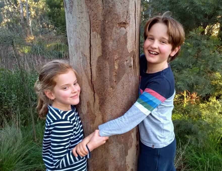 TREES ARE IMPORTANT: Oscar and Pippi Stone from Melbourne hugging a tree and sending a photo to their grandparents to cheer them up. Photo: CONTRIBUTED