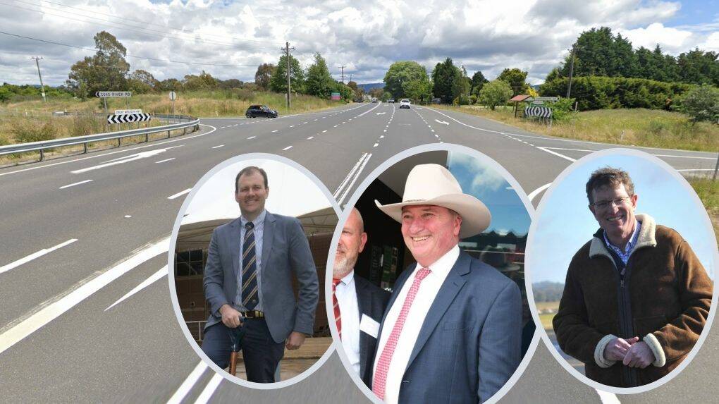 NEW LOOK: A flyover interchange is mooted for the intersection of Coxs River Road and the Great Western Highway, with Sam Farraway, Barnaby Joyce and Andrew Gee describing the infrastructure as key to unlocking the Central West. 