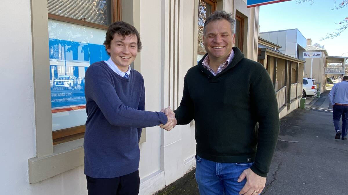 Phil with aspiring politician, Brock Anderson. The Year 11 Canobolas High student recently spent a week with Phil doing work experience, and even writing a few speeches to be read in the NSW Parliament. Photo: CONTRIBUTED