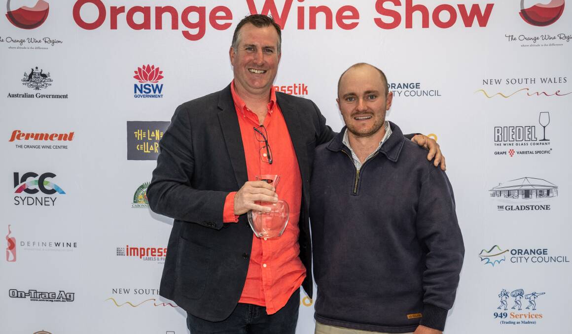 From left, Jeff Byrne - Byrne Farm - and Brendan Jarrett - See Saw - at the Orange Wine Show awards. Picture supplied.