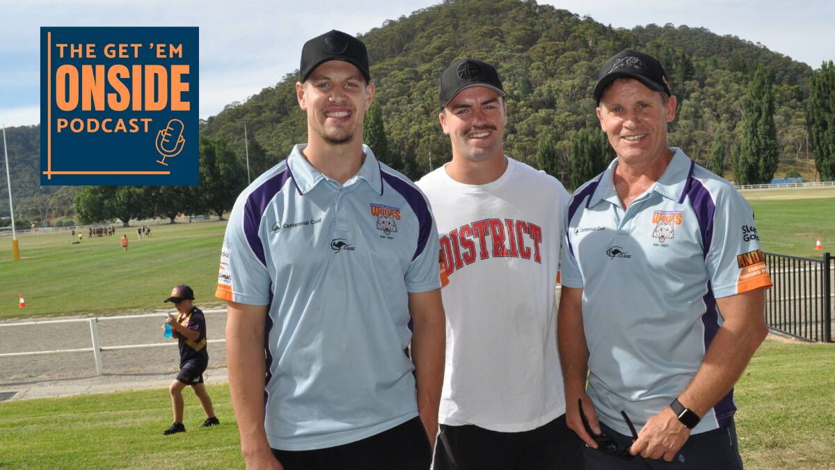 ALL TOGETHER NOW: Andrew Bain, Penrith Panthers rake and Lithgow junior Wayde Egan and Workies coach Graeme Osborne. Photo: NICK McGRATH