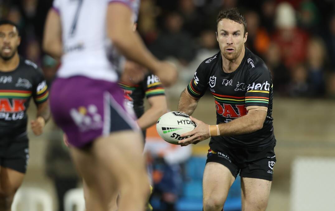 CRAFTY: Orange-born Penrith five-eighth James Maloney weighs up his options with the ball at Carrington Park. Photo: PHIL BLATCH