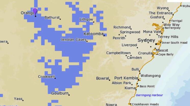 The radar for 10am on Sunday morning, with a decent covering of snow predicted for places like Orange and Oberon. 