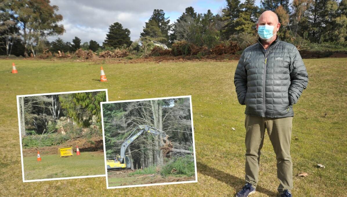 WORK STARTS: Cr Jason Hamling at the former golf course site where the tree removal (insets) has begun. Photos: JUDE KEOGH