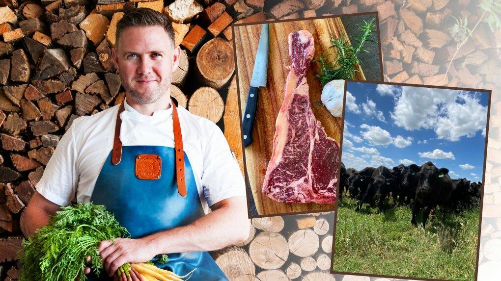 TOP OF THE RANGE: The cattle at Dargo Farm and (inset) the Dargo Wagyu t-bone cut and chef Richard Learmonth. Photos: CONTRIBUTED
