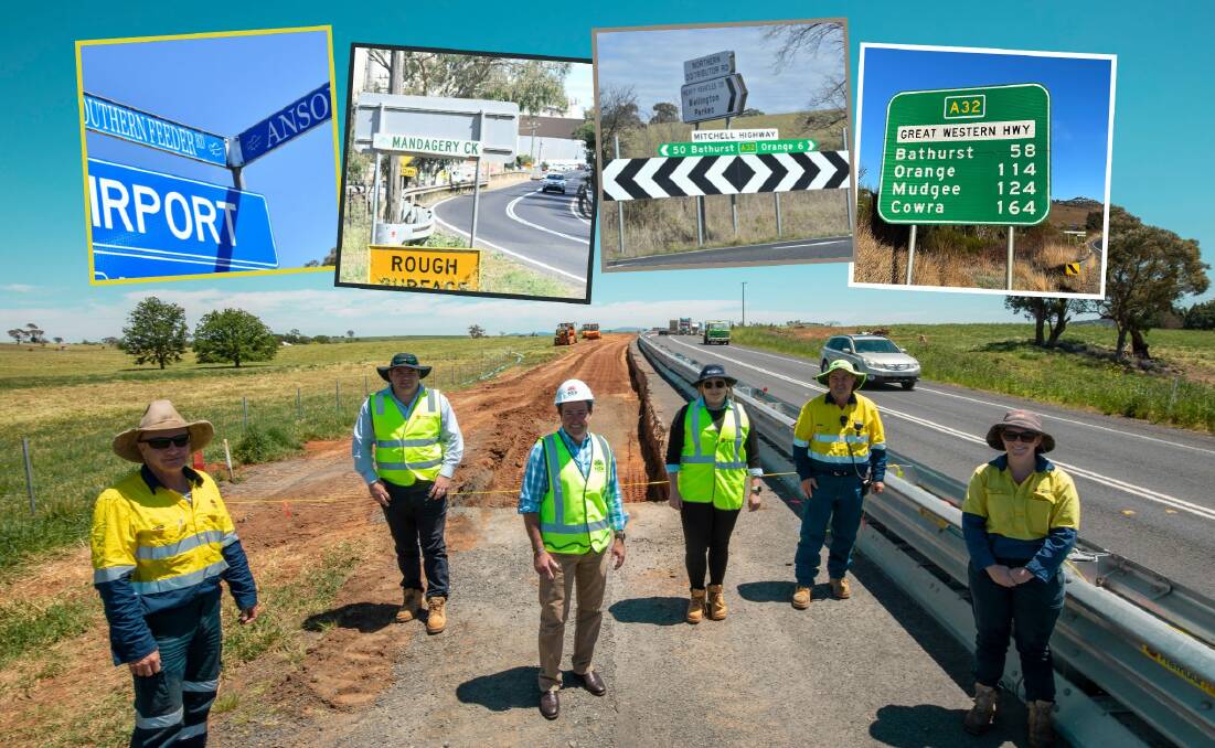Member for Bathurst Paul Toole alongside other transport for NSW workers and (insets) the Southern Feeder Road project, Mandagery Bridge upgrade, Mitchell Highway roadworks and Great Western Highway upgrades.