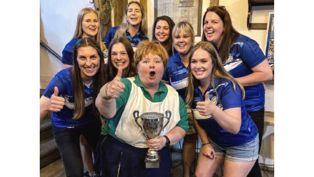 The undefeated Tumbarumba Fliers seniors were celebrated their spectacular season on Friday with a surprise visit from Sharon Strzelecki. Photo: Facebook/Union Hotel