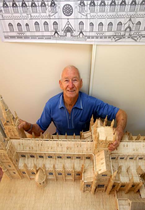 Norm Grundy has spent 1700 hours to build a model of St Mary's Cathedral using 75,000 matchsticks. Photo: Lisa McMahon