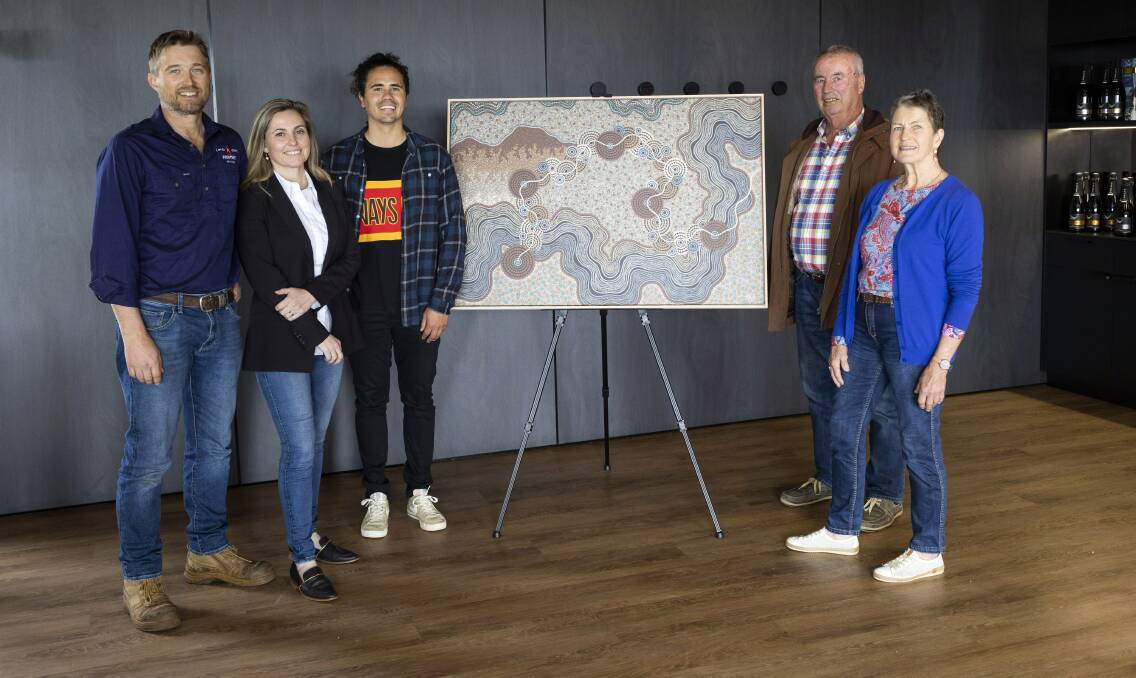 Ed and Emily Swift, artist Sandon Gibbs-ONeill, Jim and Ruth Swift with the painting that was commissioned for Printhie Wines. Picture supplied