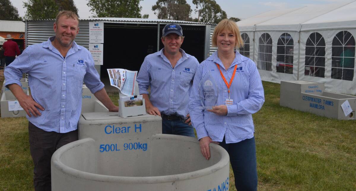 BEST LOCAL EXHIBITOR: Clearwater Tanks Manildra co-owners Ben and Sam Allcorn with sales manager Leah Hutchison. Photo: TANYA MARSCHKE