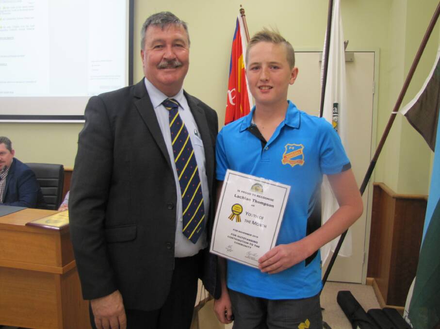 SPORTING ACHIEVEMENT: Cabonne mayor Kevin Beatty Lachlan Thompson who was Cabonne Council's inaugural Sportsperson of the Year. Photo: SUPPLIED 