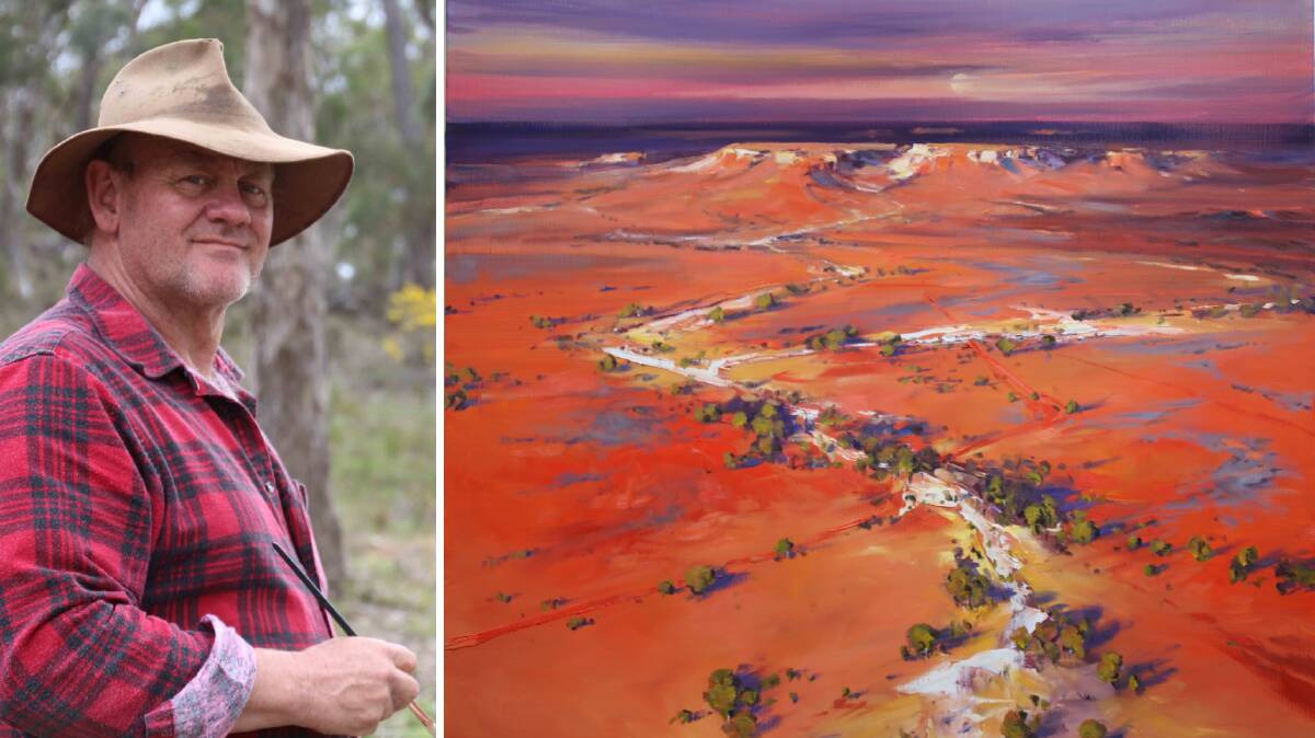 FINALIST: Ophir-based artist Ted Lewis and his finalist painting Out Back Track inspired by a flight over the Painted Hills in South Australia. Photos: SUPPLIED