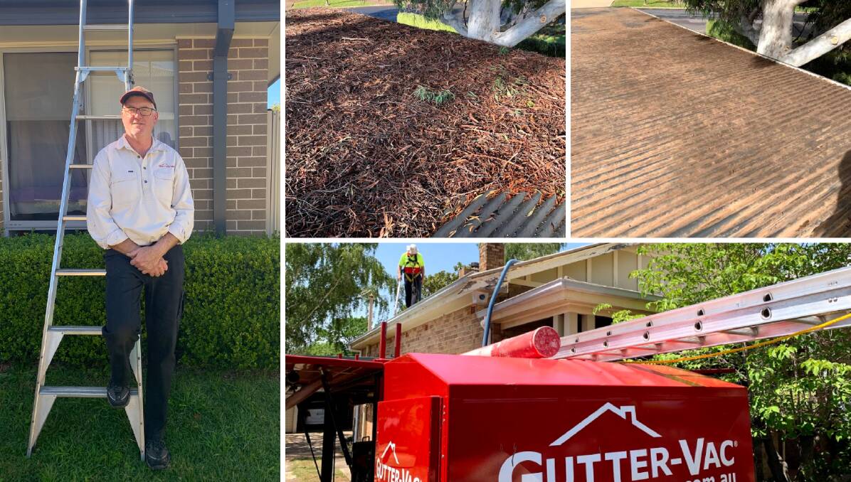 CLEAN GUTTERS: Clockwise, Gutter-Vac Central West owner Grahame Fitzgerald, a roof before and after, and cleaning in progress.