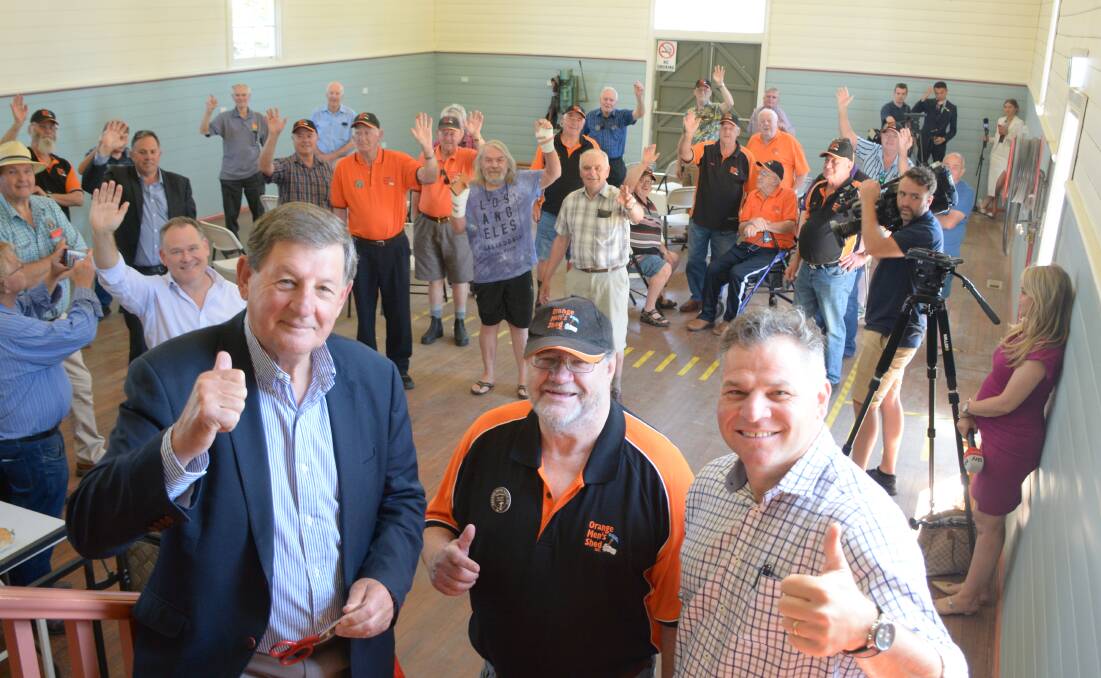 REOPENED: Orange mayor Reg Kidd, Men's Shed president Alan Campbell and Member for Orange Phil Donato at the Men's Shed. Photo: SUPPLIED