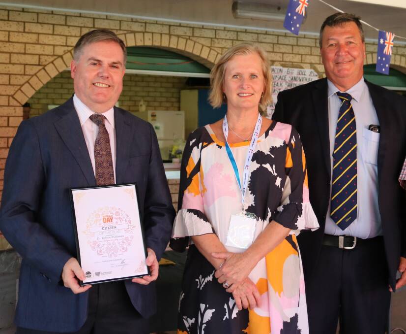 WINNER: Molong Australia Day award winner Dr Robin Williams with Australia Day ambassador Sarah Garnett and Cabonne mayor Kevin Beatty. Photo: DALE JONES
