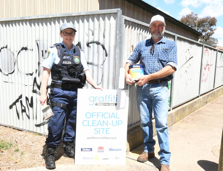 CLEANING UP: Sergeant Yonnika Hill and Roundabout Central West chairman Paul Cox will take part in the Graffiti Clean up on Sunday. Photo: JUDE KEOGH