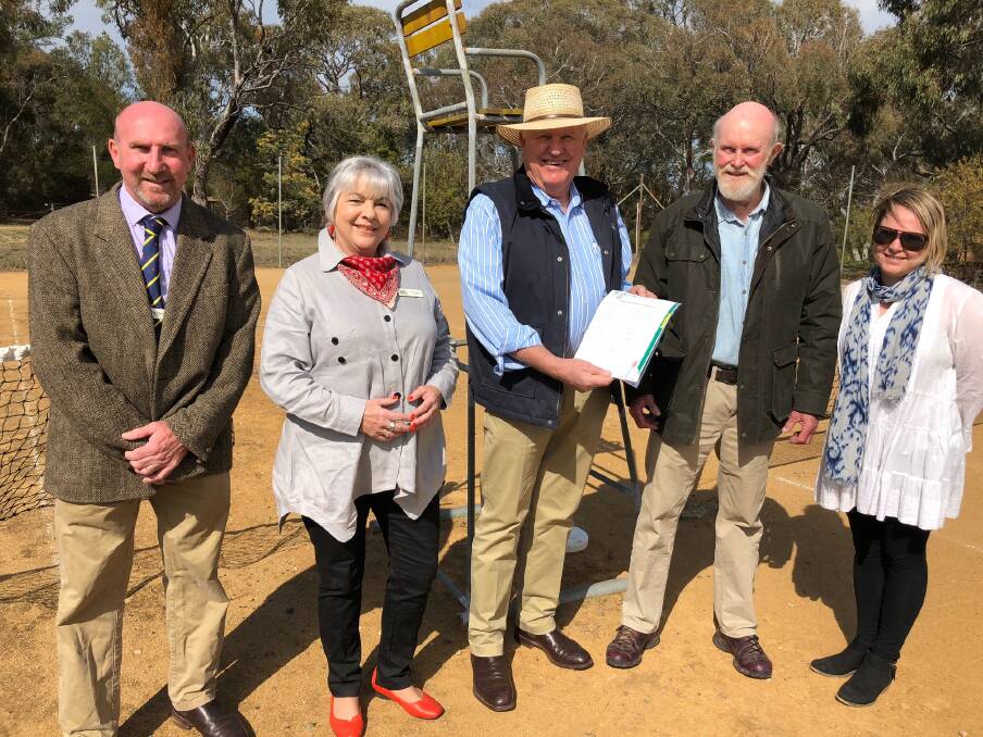 NEW GRANT: Caboone councillor Greg Travors, Cr Libby Oldham, Parliamentary secretary for Western NSW Rick Colless, Mullion Creek Progress Association president David Ogilvy and Mullion Creek Progress Association secretary Banika Smee at the Mullion Creek Recreation Reserve. Photo: SUPPLIED