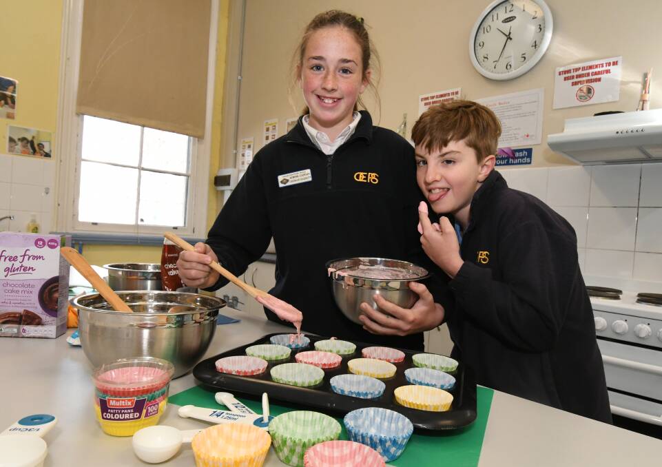 TASTE TEST: Georgie Barrett and Cody Frecklington can't wait to try the cupcakes at the school's fundraiser on Friday. Photo: JUDE KEOGH 0731jkfarmers4