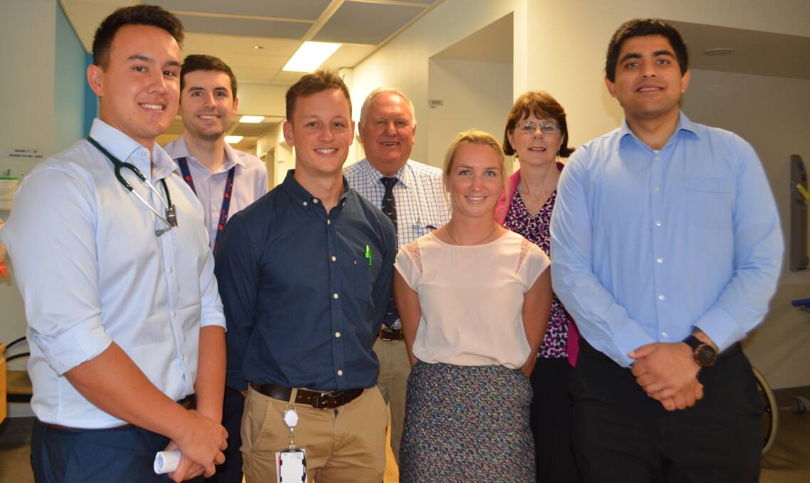 NEW INTERNS: Kiril Williams, Ben Neeham, Gabriel Gurieff and Grace Meulman, Rick Colless, Kate Hazelton and medical director Dr Sid Vohra at the hospital.