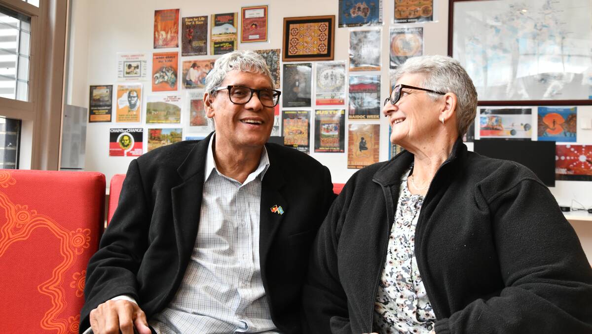 Uncle Neil Ingram with wife Gillian Ingram on their 49-year wedding anniversary last week at the Winhanganha Aboriginal Learning Centre in Orange, which he was instrumental in having built. Picture by Carla Freedman.