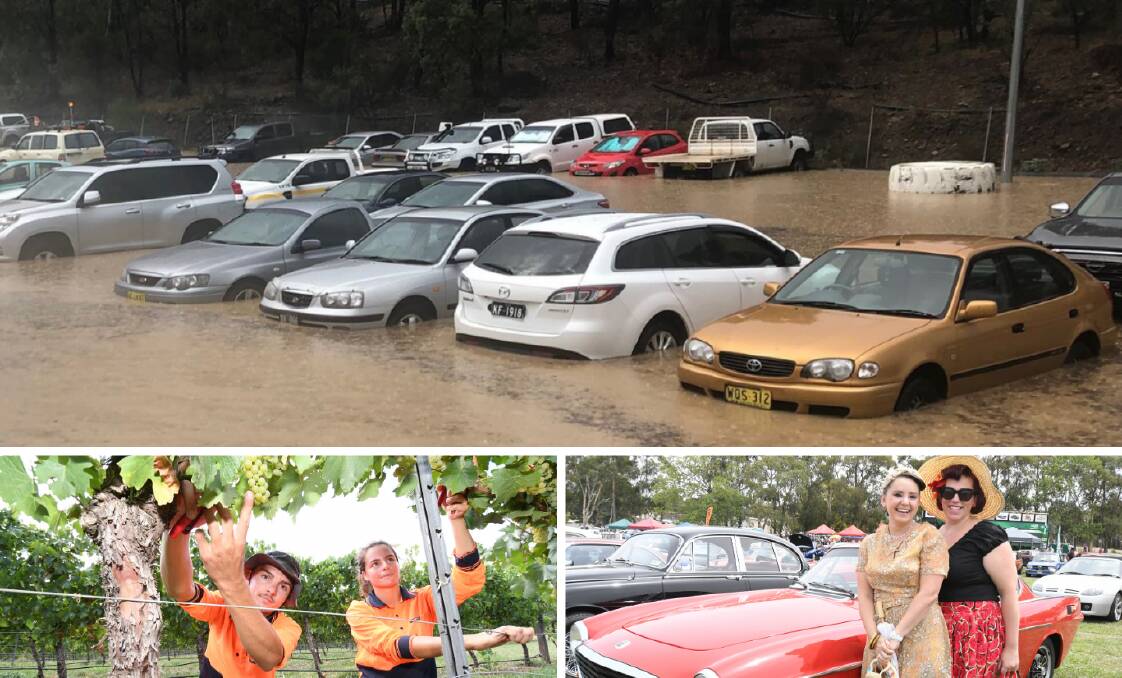 FEBRUARY 2019: Clockwise, A car park was flooded, Julia Willcocks and Brooke Turner dressed up for Gnoo Blas, Gian-Luca Edelblutte and Laurie Rebelo were busy picking grapes.