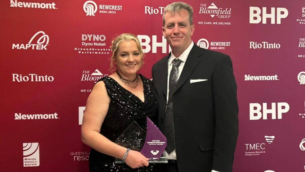 Dr Bianca Newcombe with husband Jeff Newcombe after winning Dyno Nobel Exceptional Woman in Australian Resources Award at the 2023 BHP Women in Resources National Awards.