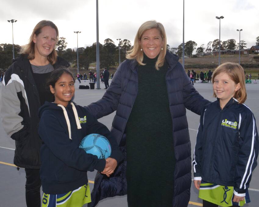 ACTIVE KIDS: Orange Netball Association president Jane Dennis, Life Studio team members Chaitra Avirneni and Matilda Pyle with Minister for Regional Youth Bronnie Taylor at the PCYC netball courts on Saturday morning.