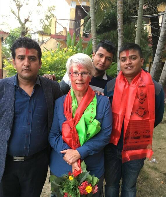 MEETING THE FAMILY: Teknath Aryal, Mary Brell, Ashok Aryal and translator Prakash Aryal in Nepal. Photo: SUPPLIED
