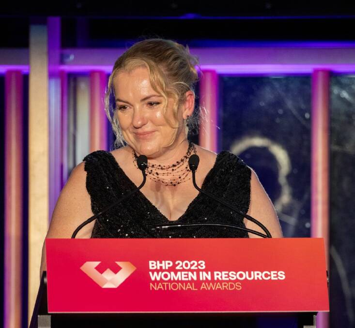 Bianca Newcombe giving her acceptance speech after winning Dyno Nobel Exceptional Woman in Australian Resources Award at the 2023 BHP Women in Resources National Awards. Picture supplied