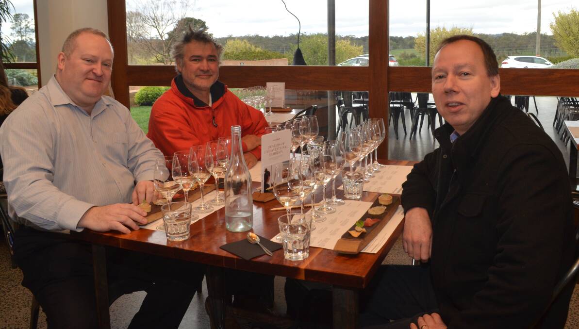ON SITE TASTING: ICC Sydney beverage operations and cellar manager William Wilson, Philip Shaw Wines wine maker Daniel Shaw and ICC Sydney food and beverage services manager Marc Singerling at Philip Shaw Wines. Photo: TANYA MARSCHKE