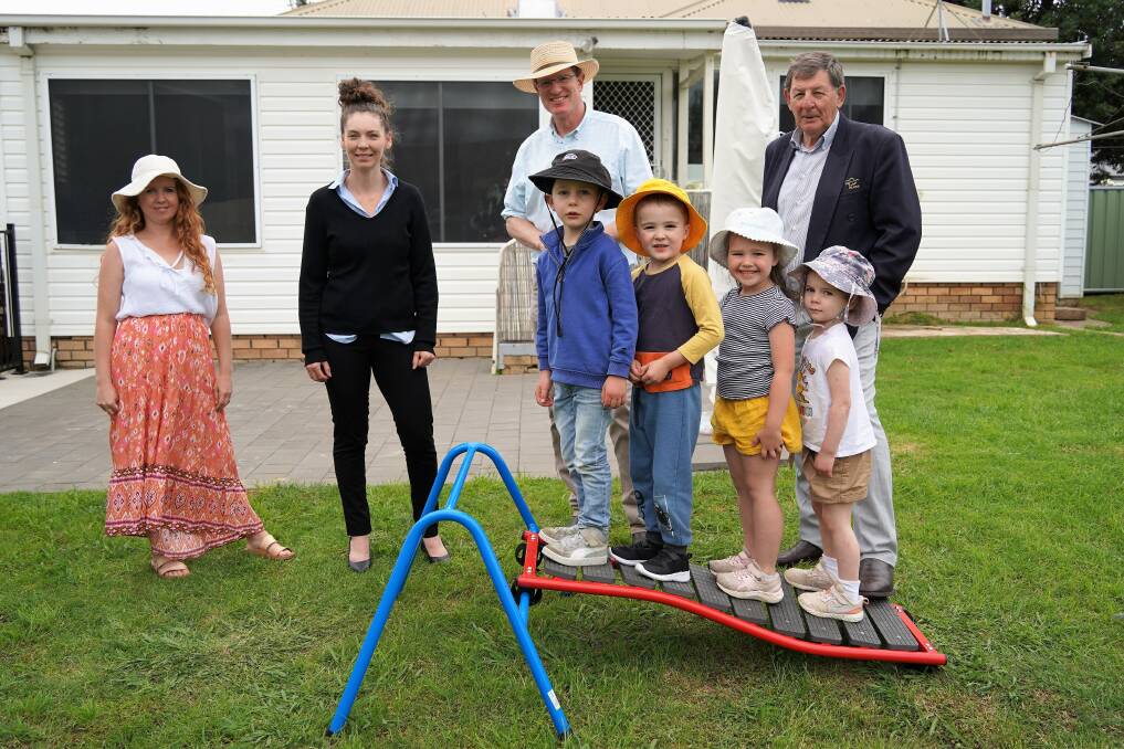 RECRUITING: Orange Family Day Care educator Bobbie Brown, Family Day Care Service manager Megan Dawson, Andrew Gee MP, and Cr Reg Kidd with James Knight, Carter Buesnel, Ivy Henry, and Sophia Knight. Photo: SUPPLIED