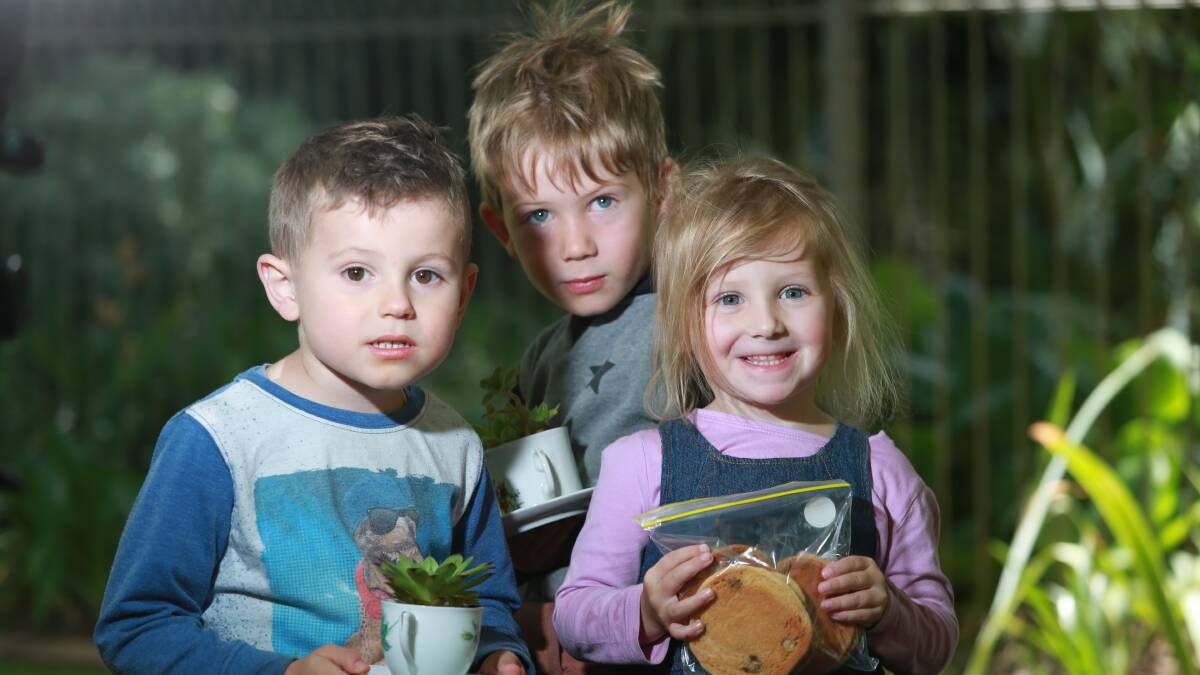 CELEBRATING 40 YEARS: Trinity Preschool students Isaac Perry, Hugo Quilty and May Kennedy are looking forward to the open day. Photo: PHIL BLATCH 1125pbtrinity2