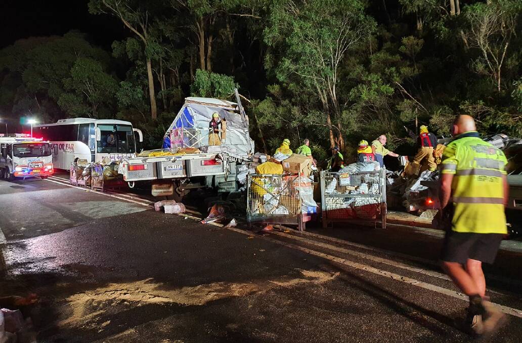 CRASH: Police are investigating after a truck crashed and spilled its load on the Great Western Highway on Saturday night. Photo: NSW POLICE