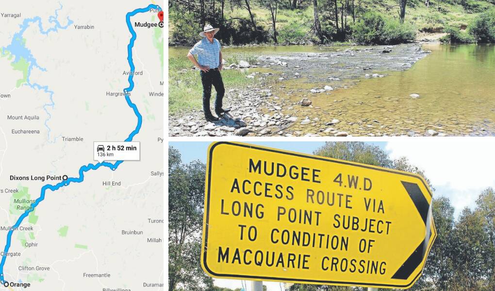 The route from Orange to Mudgee via Dixons Long Point, top Andrew Gee at the crossing, the sign warning of the river crossing. Picture Google Maps.