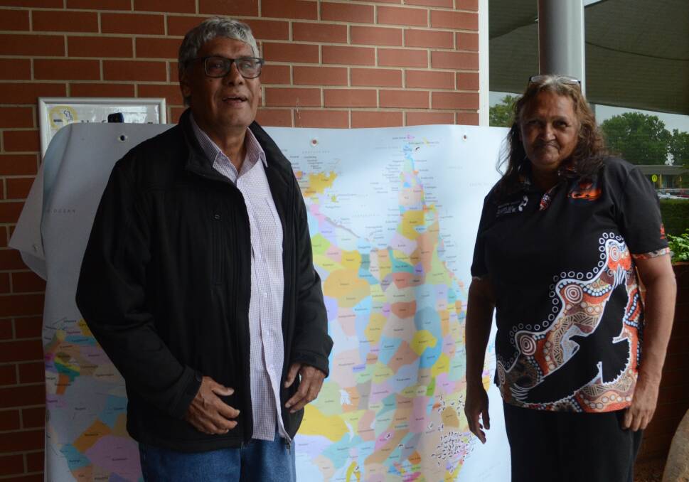 NAIDOC CELEBRATION: Wiradjuri elders Uncle Neil Ingram and Aunty Alice Williams with a footprint map of the Aboriginal nations. 