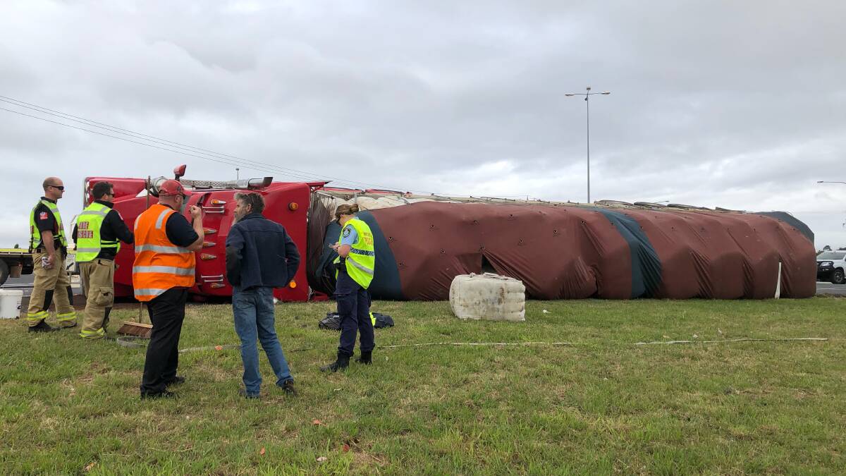 CRASH: A truck rolled on the Northern Distributor Road on Tuesday morning. Photo: ALANA CALVERT 