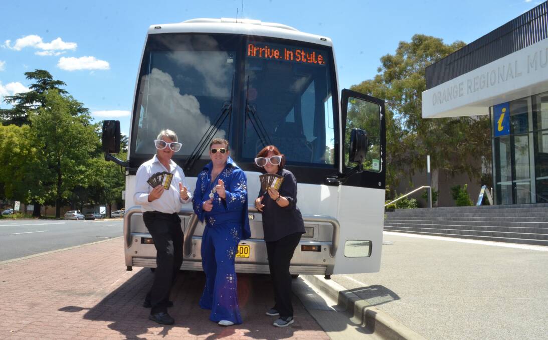 NOW OR NEVER: Orange City Council tourism manager Glenn Mickle, Elvis tribute artist James Caulfield and tourism officer Larna Perry encouraged people to book their seat on the shuttle bus. Photo: EMILY BENNETT