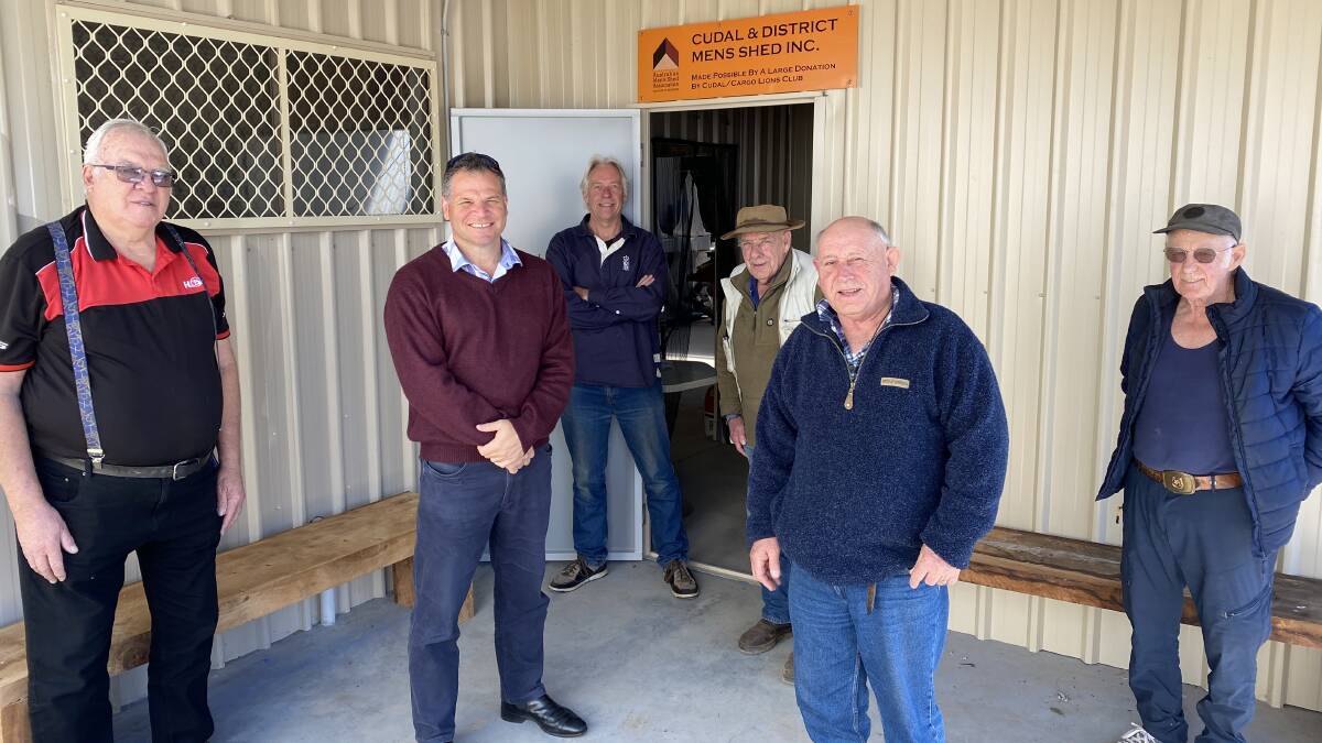 RECIPIENTS: MP Phil Donato (second from left) with Men's Shed members Darcy Cullan, Phil Jeffery, David Farrell, Robert Smith and George Johansson at Cudal Men's Shed. Photo: SUPPLIED.