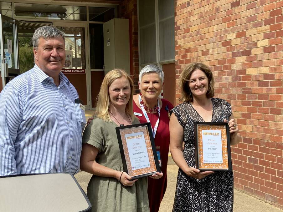 WINNERS: Cabonne mayor Kevin Beatty, Melissa Campbell, Australia Day ambassador Susie Elelman and Kylie Toberty at Borenore Public School. Photo: PETER HOLMES. 