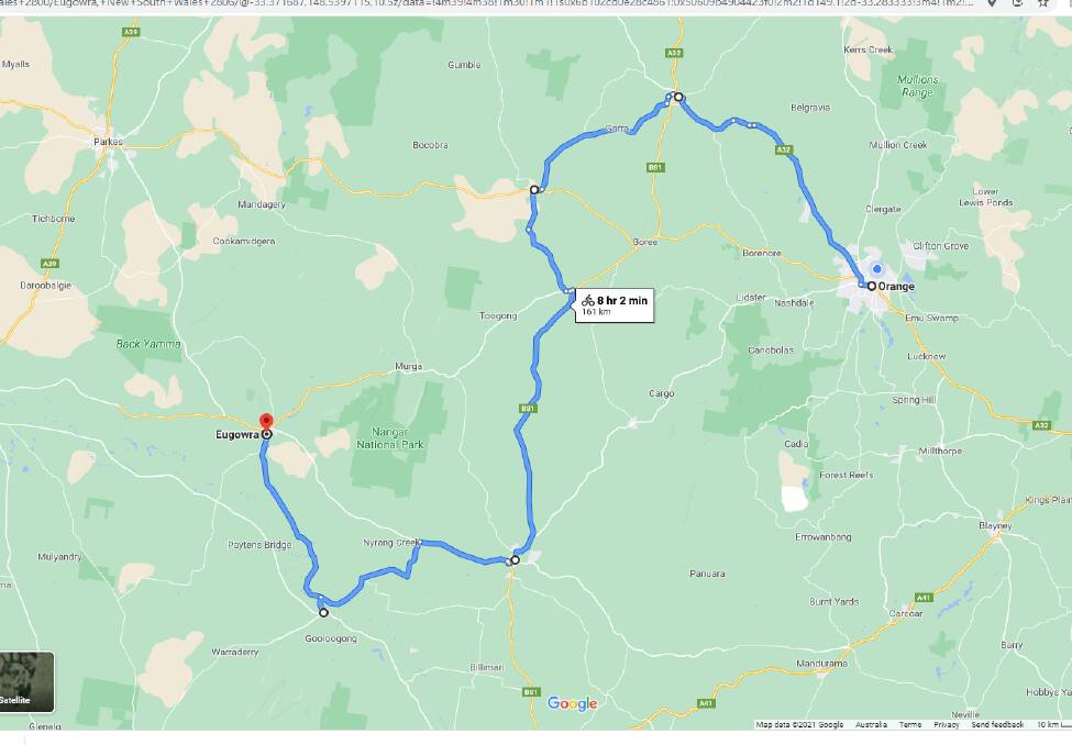 UPS AND DOWNS: Col's route from Orange to Eugowra. Photo: GOOGLE MAPS.