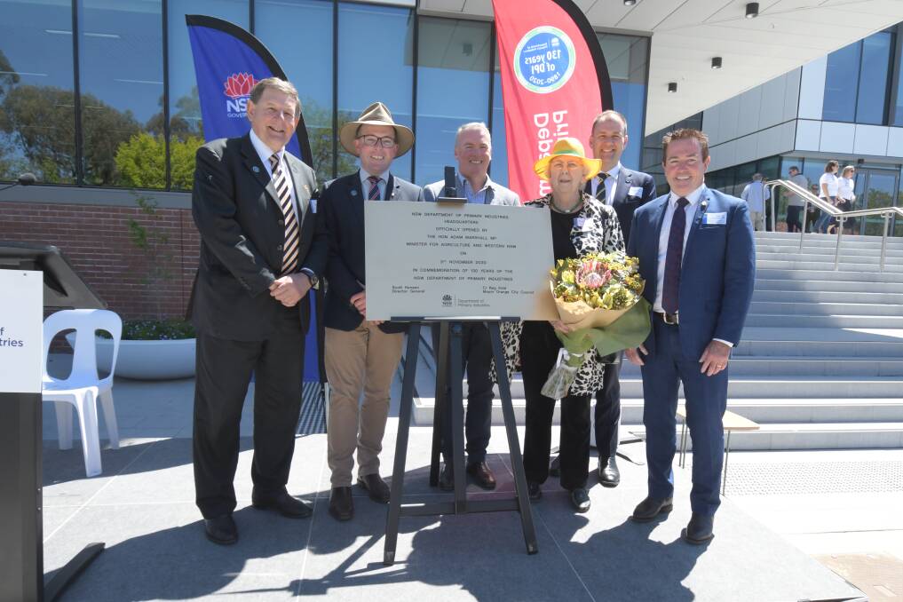 HAPPY BIRTHDAY: The Department of Primary Industry celebrated its 130th birthday on Tuesday. Outside the new building are mayor Reg Kidd, agriculture minister Adam Marshall, the DPI's director-general Scott Hansen, Jenny Armstrong, NSW MLC Sam Farraway and Bathurst MP Paul Toole. Photo: CARLA FREEDMAN. 
