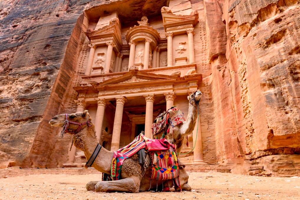 AGE-OLD: Camels in front of Al Khazneh (The Treasury) at Petra.