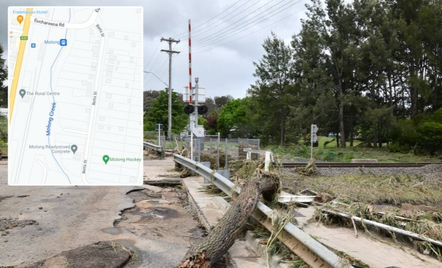 Flood damage in Molong last year. Inset Euchareena Road and Bett Street residences have been earmarked for buyback.