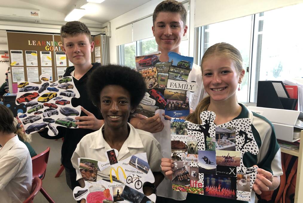 PICTURE PERFECT: Year 10s Emmeric Conlan and Mitch Crossman, at back, with year nines Sam Gross and Rebecca Rhodes share their 'pieces of me' works. Photo: SUPPLIED.