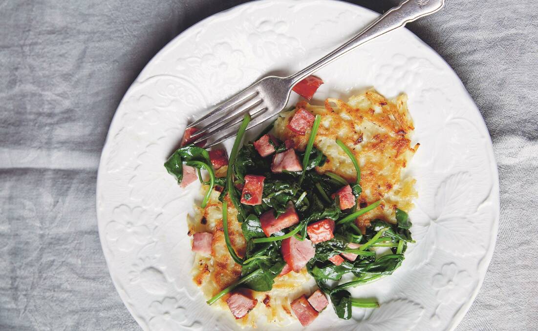 Potato latkes with smoked sausage and spinach. Picture: Ola O. Smit